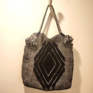 Nadie B. Black Bohemian Hand woven Knitted large tote bag